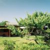 Area verde con cespugli, un lampione e un edificio con tetto spiovente.