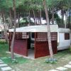 Una roulotte con copertura e pannelli in legno, situata tra alberi alti.